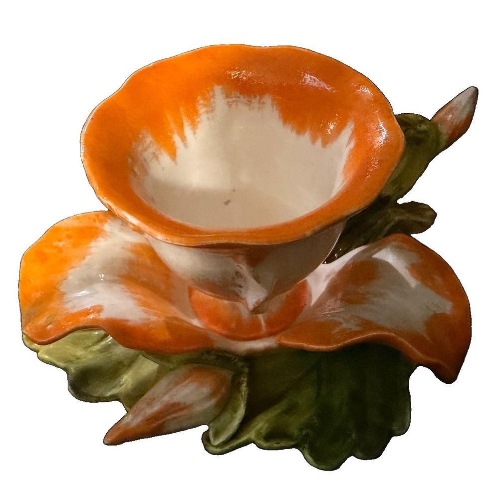 Vtg Artnart Japan Orange Flower Vase & Candle Holder Set National Artcraft